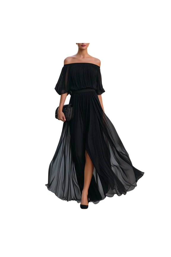 Women's Off The Shoulder Maxi Dress, Sexy Pleated Chiffon Evening Gown with High Slit, Elegant Puff Sleeve Formal Party Dress