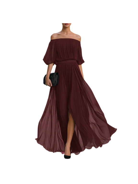 Women's Off The Shoulder Maxi Dress, Sexy Pleated Chiffon Evening Gown with High Slit, Elegant Puff Sleeve Formal Party Dress