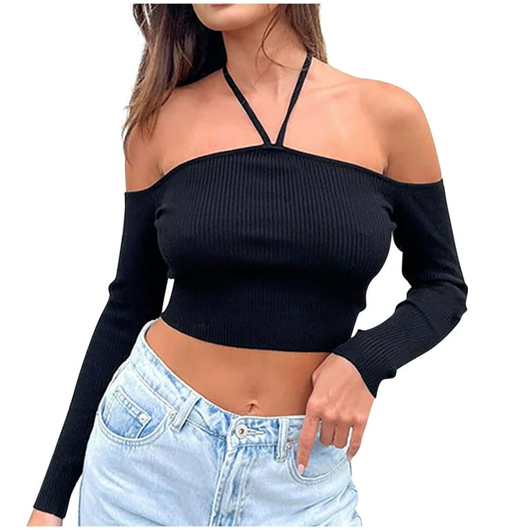 Women's Off The Shoulder Neck Long Sleeve Knit Ribbed Crop Top T