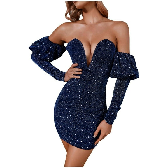 Women's Off The Shoulder Sequin Glitter Bodycon Puff Sleeve Deep V Neck Mini Party Dress for Evening Navy M