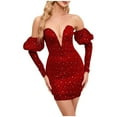 thumbnail image 1 of Women's Off The Shoulder Sequin Glitter Bodycon Puff Sleeve Deep V Neck Mini Party Dress for Evening Red M, 1 of 1