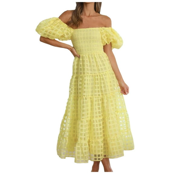 Women's Off The Shoulder Short Puff Sleeve A Line Dress - Ruffled Hem, Polyester Material, S-XXL Sizes, Perfect for Summer Parties/Vacations