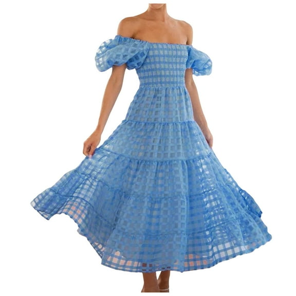 Women's Off The Shoulder Short Puff Sleeve A Line Dress - Ruffled Hem, Polyester Material, S-XXL Sizes, Perfect for Summer Parties/Vacations