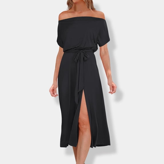Women's Off-The-Shoulder Short Sleeve Dress, Casual Summer Dress with Side Split, Comfortable Polyester Spandex Fabric for Daily Wear