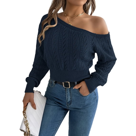 Women's Off The Shoulder Sweater 2026 Fall Ribbed Knit Pullover, L