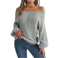 thumbnail image 1 of Women's Off The Shoulder Sweater Crochet Knit Long Sleeve Loose Pullover (Gray, S), 1 of 5