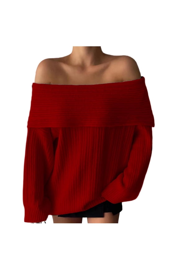 Women's Off The Shoulder Sweater Oversized Vintage Knit Pullover Long Sleeve Loose Fit Bardot Top for Fall Winter Casual Cottagecore Fashion
