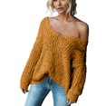 thumbnail image 1 of Women's Off The Shoulder Sweater Solid Color V-Neck Hollow Knit Loose Pullover (Saffron, M), 1 of 3