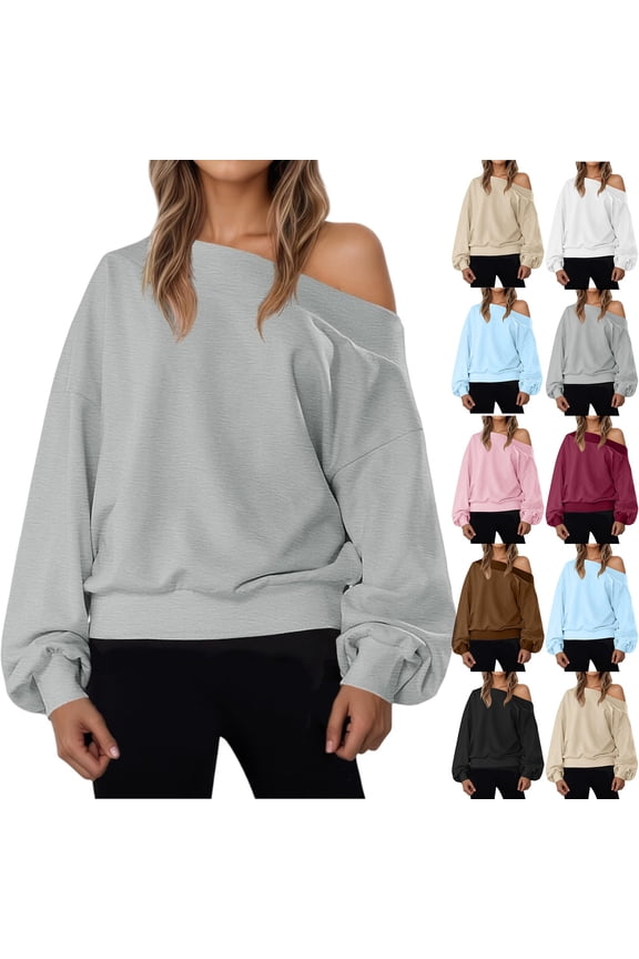 Women's Off The Shoulder Sweatshirt Asymmetrical Banded Bottom Long Sleeve Crop Tops Pullover, XL