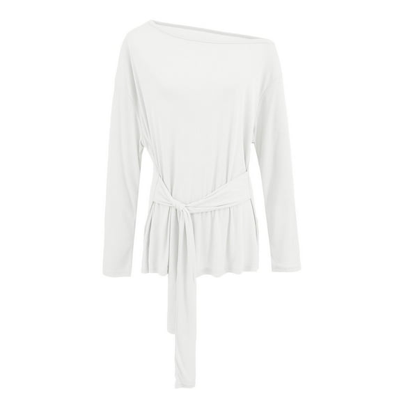 Women's Off The Shoulder Tops Casual Long Sleeve Loose Fit Shirt Solid Color Slim Fit Blouses with Pockets