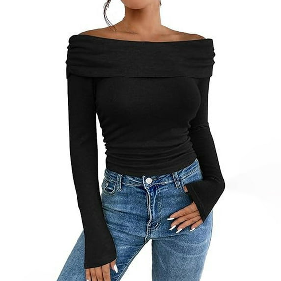 Women's Off The Shoulder Tops Casual Long Sleeve Slim Fitted Stretchy Top Blouse Going Out Nightout Shirt Black S