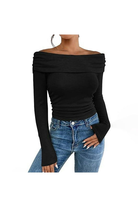 Women's Off The Shoulder Tops Casual Long Sleeve Slim Fitted Stretchy Top Blouse Going Out Nightout Shirt Black S