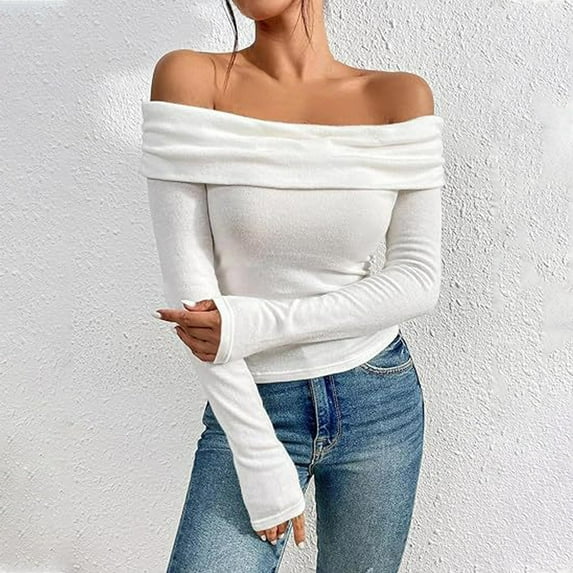 Women's Off The Shoulder Tops Casual Long Sleeve Slim Fitted Stretchy Top Blouse Going Out Nightout Shirt White S
