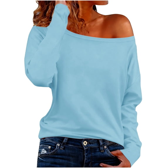 Women's Off The Shoulder Tops Oversized Long Sleeve Shirts Fashion Casual Batwing Boat Neck Pullover Tunic Tops