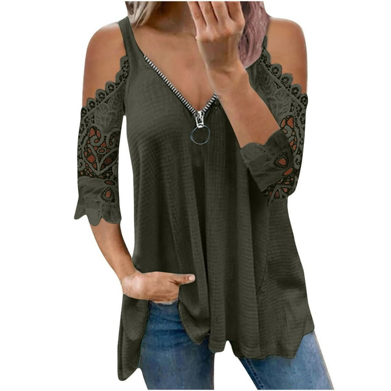 Women's Off The Shoulder Tops Plus Size Zip Up Hollow Lace T Shirts Floral  3/4 Sleeve Blouses for Women Fashion