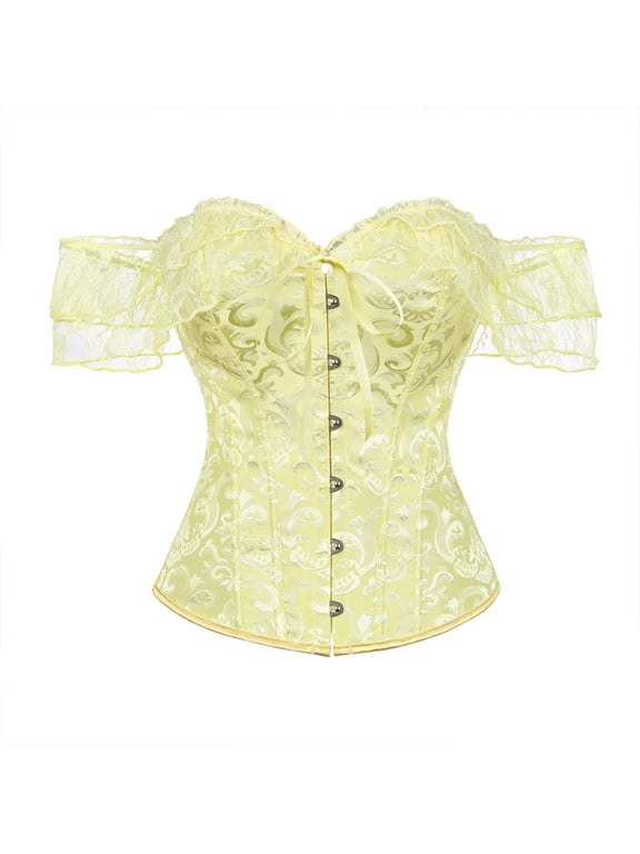 Women's Off-the-Shoulder Corset Top Ruffle Sleeve Sweetheart Neck Bustier Vintage Overbust Corset with Front Hook L