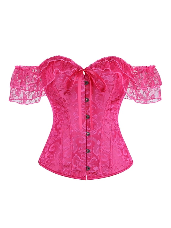 Women's Off-the-Shoulder Corset Top Ruffle Sleeve Sweetheart Neck Bustier Vintage Overbust Corset with Front Hook XS