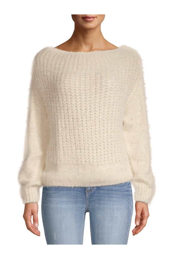 Women's Off the Shoulder Eyelash Pullover Sweater