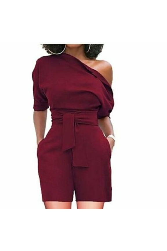 Women's Off the Shoulder Half Sleeve High Waist Belted Casual Short Dress Rompers WINE RED XL