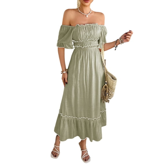 Women's Off the Shoulder Ruffle Maxi Dress Short Sleeve Tiered Graduation Boho Sundress