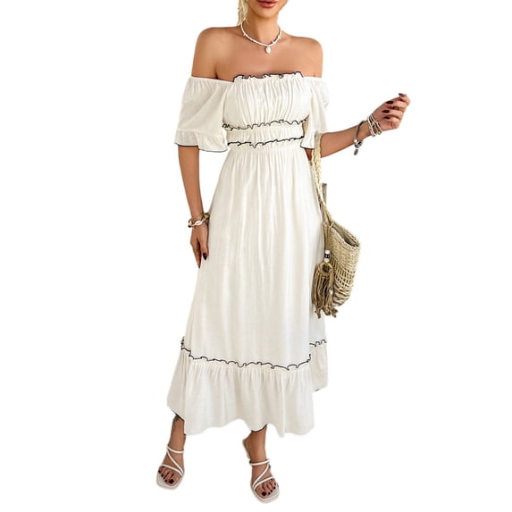 Women's Off the Shoulder Ruffle Maxi Dress Short Sleeve Tiered Graduation Boho Sundress