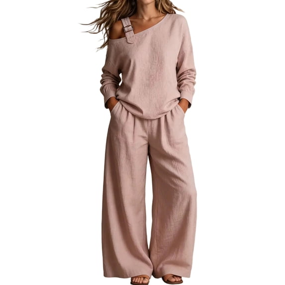 Women's Off the Shoulder Sets Sweatshirt and Pants Set, 2 Piece Lounge Set with Pockets, Casual Outfit for Fall Winter Pink M