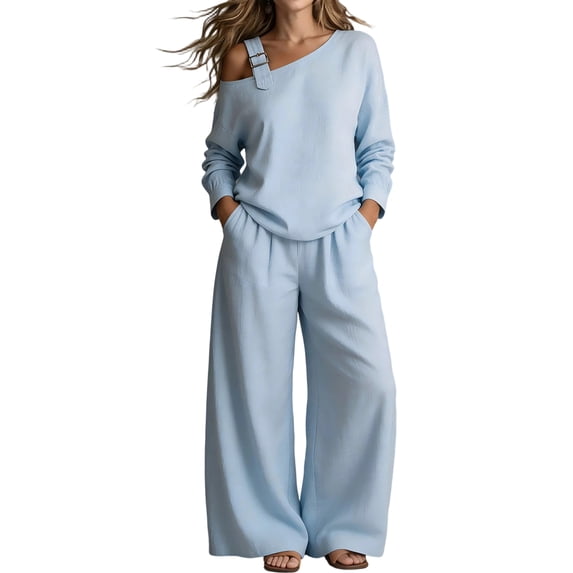 Women's Off the Shoulder Sets Sweatshirt and Pants Set, 2 Piece Lounge Set with Pockets, Casual Outfit for Fall Winter Sky Blue S