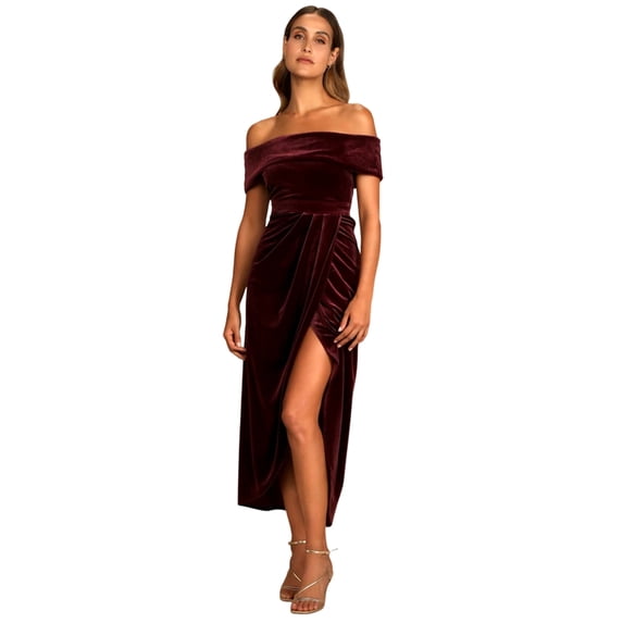 Women's Off-the-Shoulder Velvet Midi Dress with Wrap Tulip Hem