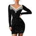 thumbnail image 1 of Women's Off-the-shoulder Sequined Lace Trim Slim Party Long Sleeve Ruffled Club Dress, 1 of 9