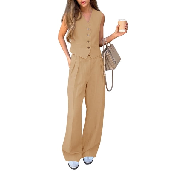 Women Office 2 Piece Outfits V Neck Crop Vest Blazer and Wide Leg Suit Pants Sets
