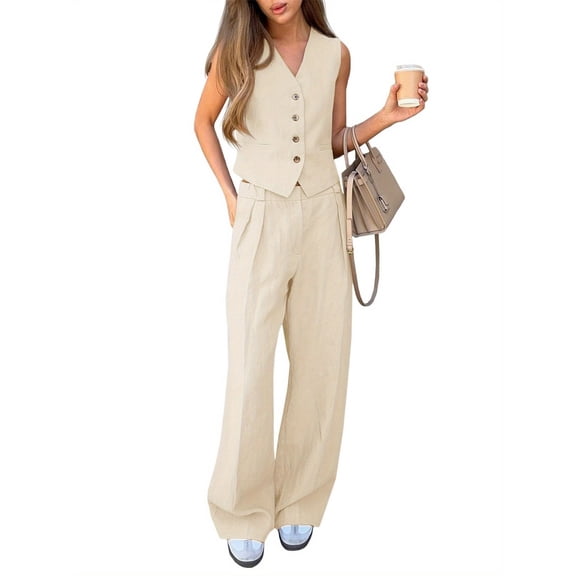 Women Office 2 Piece Outfits V Neck Crop Vest Blazer and Wide Leg Suit Pants Sets