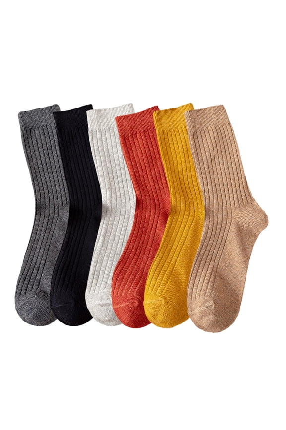 Women's Office Appropriate Crew Socks - 6 Pairs Solid Striped Textured Ribbed Knit, Thin Cotton Breathable Basic Casual Style