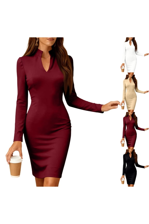 Women's Office Dress Work Dress Long Sleeve Stand Collar Slim Fit Pencil Bodycon Midi Dress for Commuting Spring Fall,Beige,M