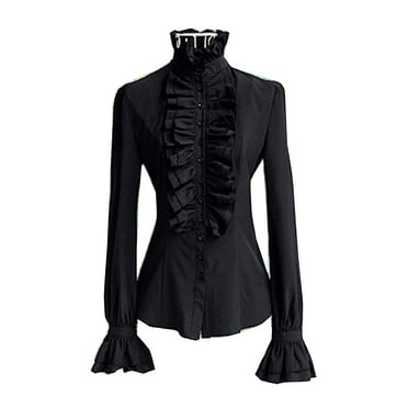 Victorian Womens Long Sleeves Tops High Neck Frilly Ruffle Shirt Blouse ...