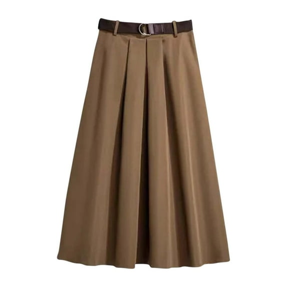 Women's Office Work Skirts High Waist Midi A-Line Pleated Skirts Plus Size Solid Color Business & Casual Long Skirts (XL, Khaki)