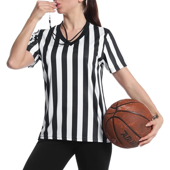 Women's Official Referee Shirt & White Stripe Ref Umpire Jersey Short Sleeve for Basketball Football Hockey