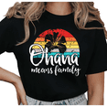 thumbnail image 1 of Women's Ohana Means Family Distressed Retro Sunset Hibiscus Graphic Tee Short Sleeve Round Neck Top Black S-5XL, 1 of 5