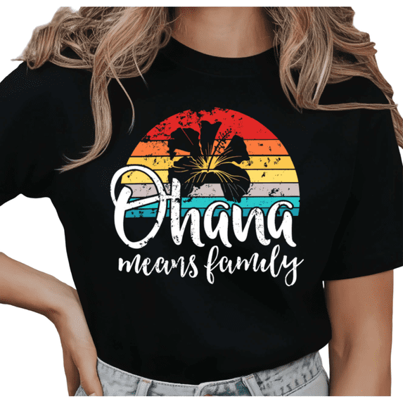 Women's Ohana Means Family Distressed Retro Sunset Hibiscus Graphic Tee Short Sleeve Round Neck Top Black S-5XL