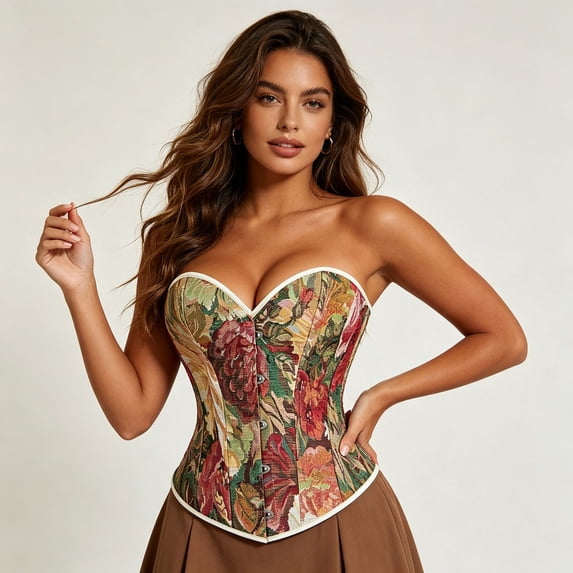 Women's Oil Painting Floral Court Fishbone Corset, Outer Waist Shaping Bustier Camisole Tank Top Body Contour Shapewear Wine S
