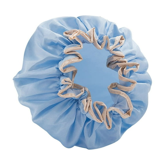 Women's Oil-Resistant Shower Cap - Double-Layer Thickened Polyester Hair Cover for Bath Shampoo Cooking Kitchen Oil Protection 9.6 Inch Elastic(Blue)
