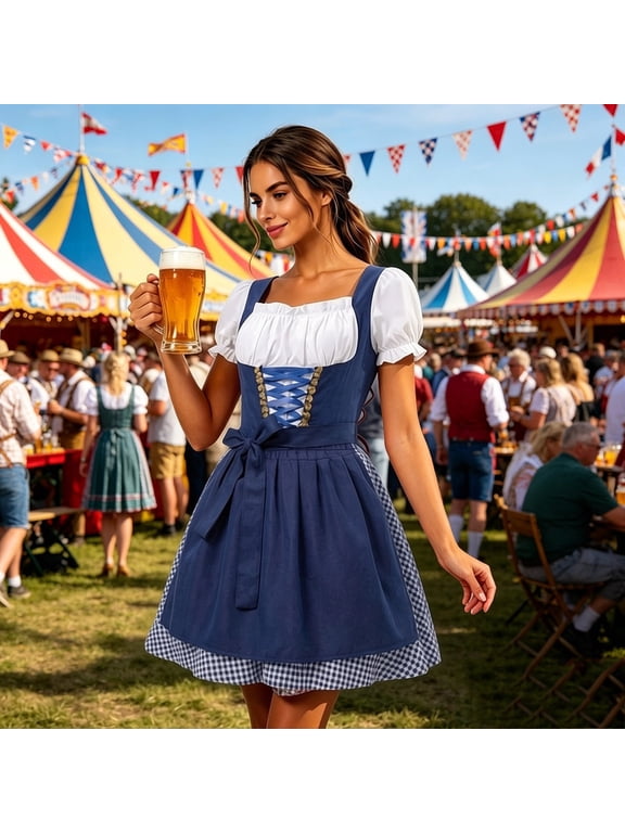 Women's Oktoberfest Costume Dress Traditional German Bavarian Outfit Dirndl Bow Hair Ties Festival Dress Blue 1 L
