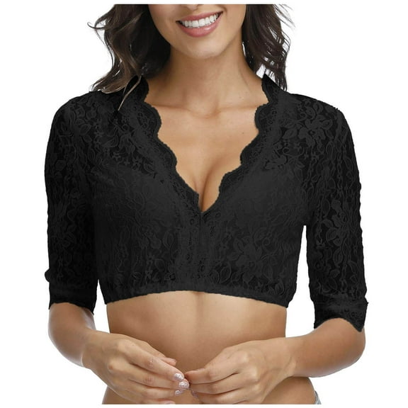 Women's Oktoberfest Dirndl Blouse Bavarian Lace Crop Top with V-Neck Black S