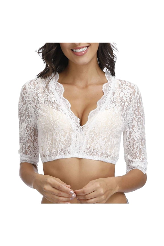 Women's Oktoberfest Dirndl Blouse Bavarian Lace Crop Top with V-Neck White-1 2XL