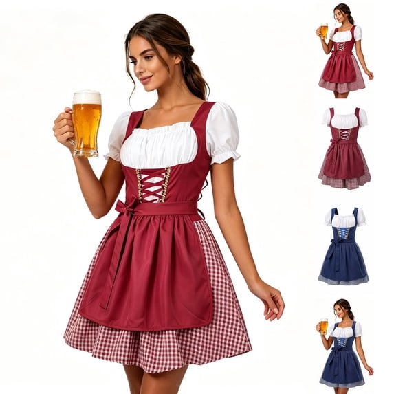 Women's Oktoberfest Dirndl Dress, Traditional Beer Festival Costume, Short Sleeve Stage Performance Outfit for Halloween Party & themed Events S-3XL Red