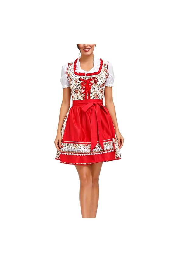 Women's Oktoberfest Dirndl Floral Print Ruffle Trim Lace Up Costume Mini Dress Wrinkle Resistant Traditional Festival Renaissance Party Dress Red M