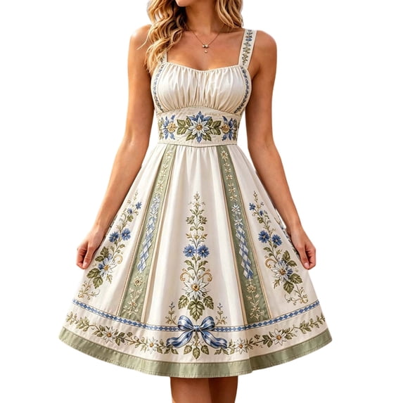 Women's Oktoberfest Dirndl Midi Dress Traditional Vintage Beer Maid Outfit for Halloween Cosplay Fall Events Sleeveless Square Neck Floral Embroidered A Line Dress