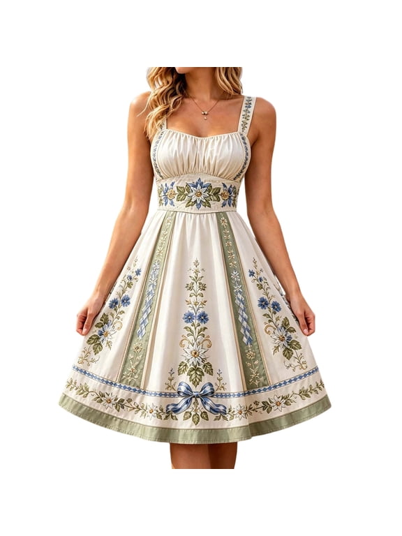 Women's Oktoberfest Dirndl Midi Dress Traditional Vintage Beer Maid Outfit for Halloween Cosplay Fall Events Sleeveless Square Neck Floral Embroidered A Line Dress