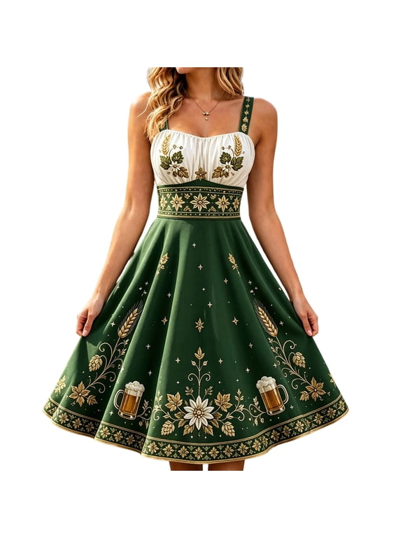 Women's Oktoberfest Dirndl Midi Dress Traditional Vintage Beer Maid Outfit for Halloween Cosplay Fall Events Sleeveless Square Neck Floral Embroidered A Line Dress