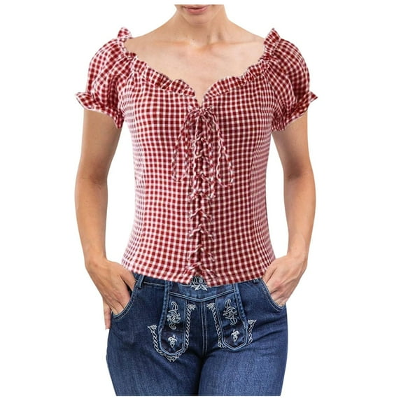 Women's Oktoberfest Plaid Button Up Shirt Featuring Waist Design for Casual and Wear