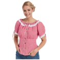 thumbnail image 1 of Women's Oktoberfest Plaid Lace Patchwork Short Sleeve Shirt With Button Decoration Slim Fit Bavarian Top, 1 of 9